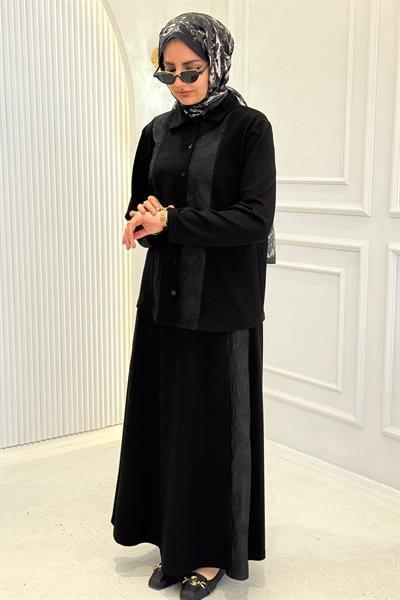 Büyük Beden Dantel Detaylı Etekli Takım Siyah OTW338