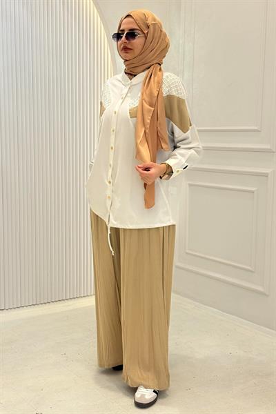 Büyük Beden Dantel Detaylı Gömlek Pantolon İkili Takım Ekru OTW5896