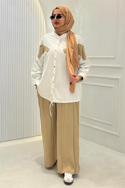 Büyük Beden Dantel Detaylı Gömlek Pantolon İkili Takım Ekru OTW5896