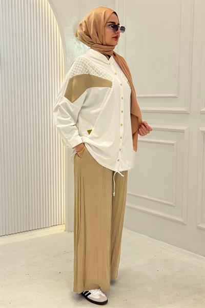 Büyük Beden Dantel Detaylı Gömlek Pantolon İkili Takım Ekru OTW5896