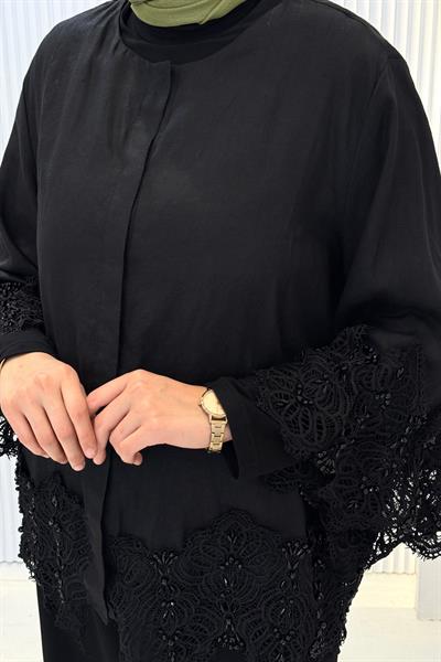 Büyük Beden Dantel Detaylı Gömlek Siyah OTW9560