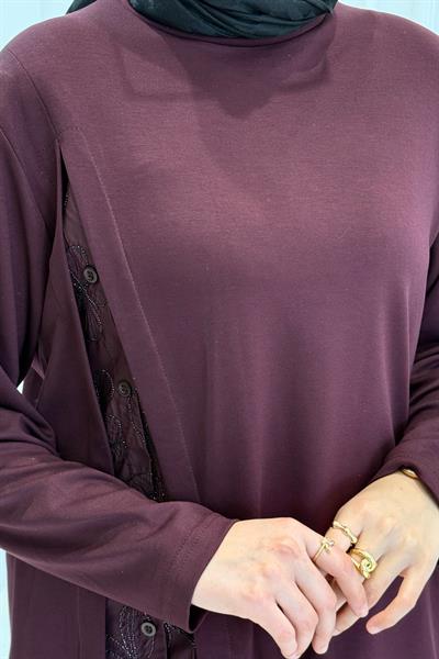 Büyük Beden Dantel Detaylı Pantolonlu Takım Bordo OTW341