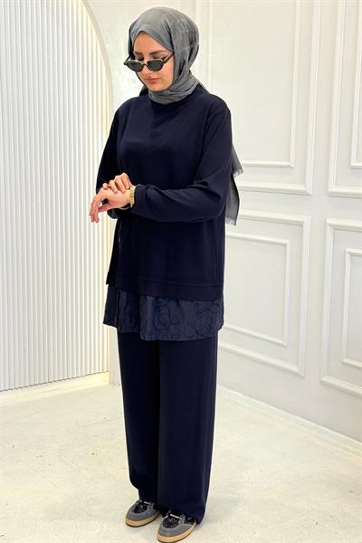 Büyük Beden Dantel Detaylı Pantolonlu Takım Lacivert OTW341