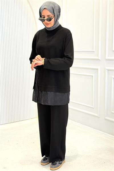 Büyük Beden Dantel Detaylı Pantolonlu Takım Siyah OTW341