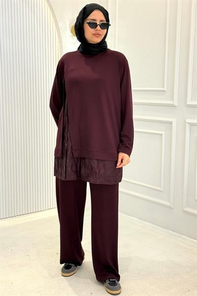 Büyük Beden Dantel Detaylı Pantolonlu Takım Bordo OTW341