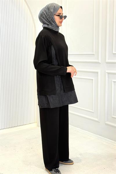 Büyük Beden Dantel Detaylı Pantolonlu Takım Siyah OTW341