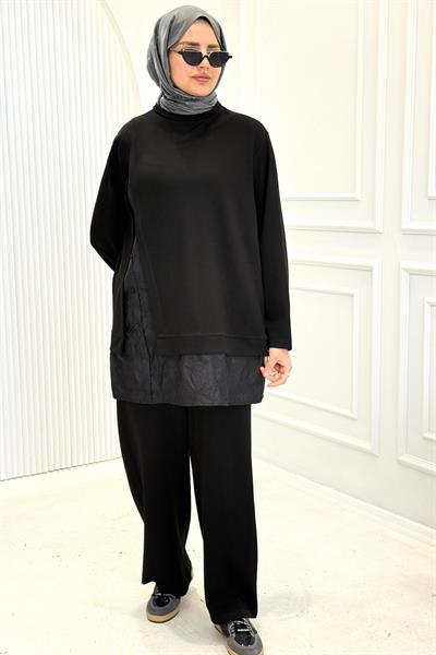 Büyük Beden Dantel Detaylı Pantolonlu Takım Siyah OTW341