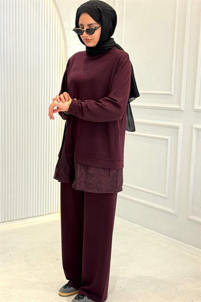 Büyük Beden Dantel Detaylı Pantolonlu Takım Bordo OTW341