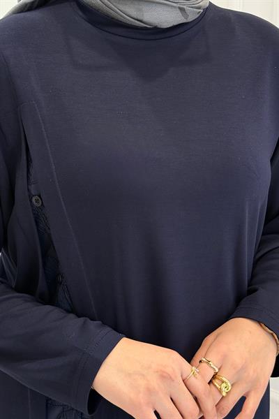 Büyük Beden Dantel Detaylı Pantolonlu Takım Lacivert OTW341