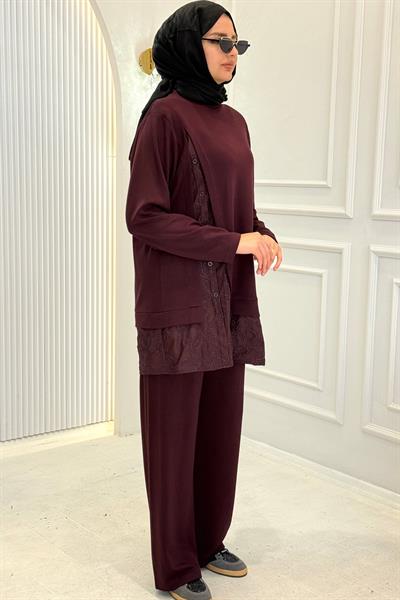 Büyük Beden Dantel Detaylı Pantolonlu Takım Bordo OTW341
