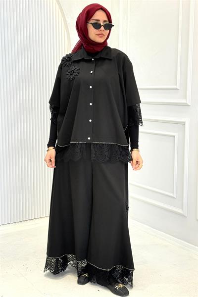 Büyük Beden Dantel Detaylı Tesettür Takım Siyah OTW5637