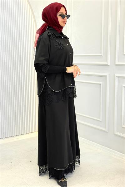 Büyük Beden Dantel Detaylı Tesettür Takım Siyah OTW5637