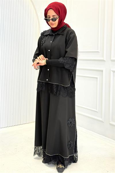 Büyük Beden Dantel Detaylı Tesettür Takım Siyah OTW5637