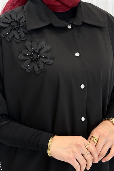 Büyük Beden Dantel Detaylı Tesettür Takım Siyah OTW5637