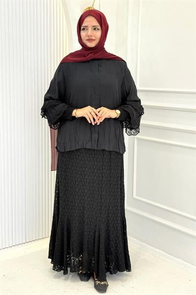 Büyük Beden Dantel Etekli Tesettür Takım Siyah OTW9766