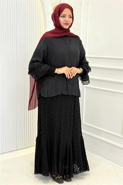 Büyük Beden Dantel Etekli Tesettür Takım Siyah OTW9766