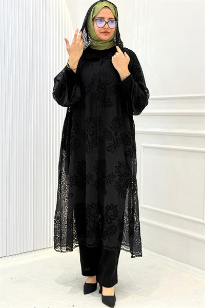Büyük Beden Dantel İşlemeli Pantolonlu Takım Siyah OTW9673