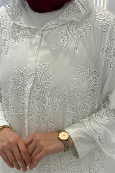 Büyük Beden Dantel İşlemeli Pantolonlu Takım Beyaz OTW9673