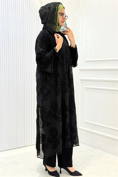 Büyük Beden Dantel İşlemeli Pantolonlu Takım Siyah OTW9673