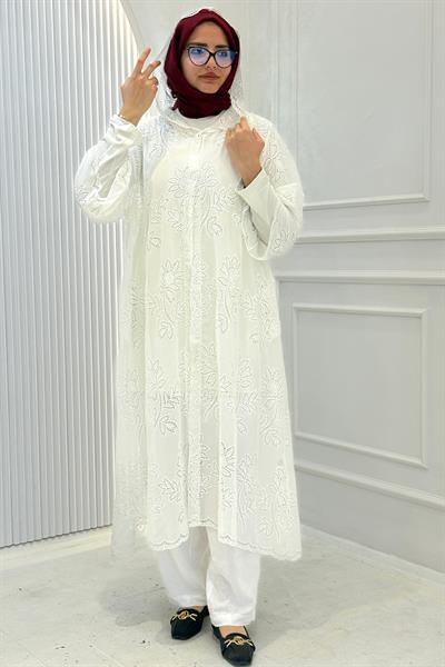 Büyük Beden Dantel İşlemeli Pantolonlu Takım Beyaz OTW9673
