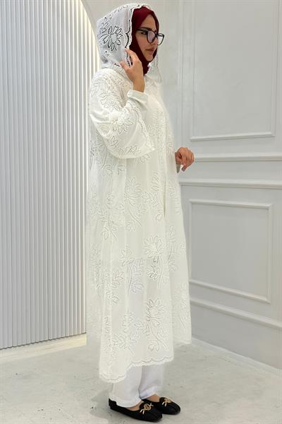Büyük Beden Dantel İşlemeli Pantolonlu Takım Beyaz OTW9673