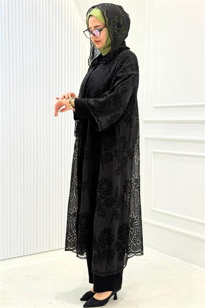 Büyük Beden Dantel İşlemeli Pantolonlu Takım Siyah OTW9673