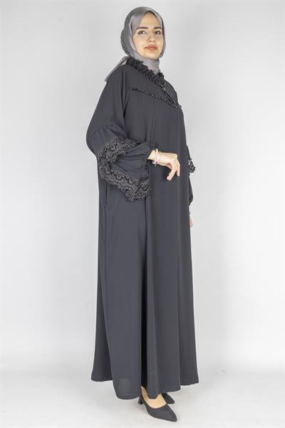Büyük Beden Dantel Kollu Tesettür Elbise Siyah OTW9221