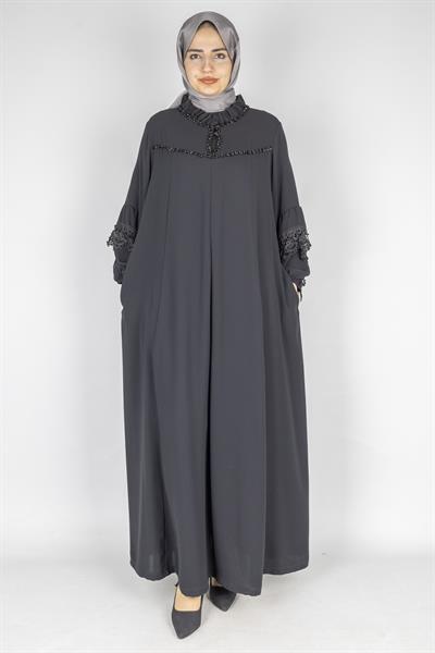 Büyük Beden Dantel Kollu Tesettür Elbise Siyah OTW9221