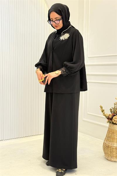 Büyük Beden Dantel Ribanalı Takım Siyah OTW9571