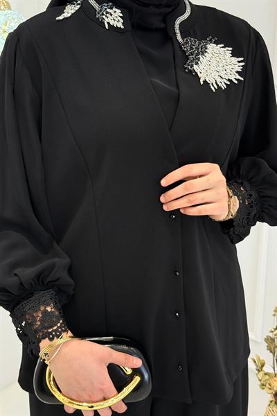 Büyük Beden Dantel Ribanalı Takım Siyah OTW9571