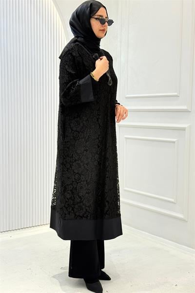Büyük Beden Dantel Tunik ve İçlik İkili Takım Siyah OTW9664