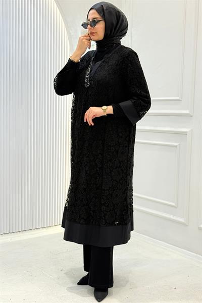 Büyük Beden Dantel Tunik ve İçlik İkili Takım Siyah OTW9664