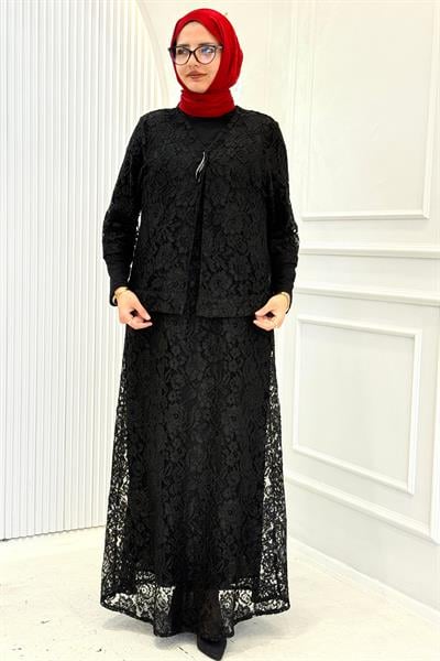 Büyük Beden Dantelli Üçlü Takım Siyah OTW9709