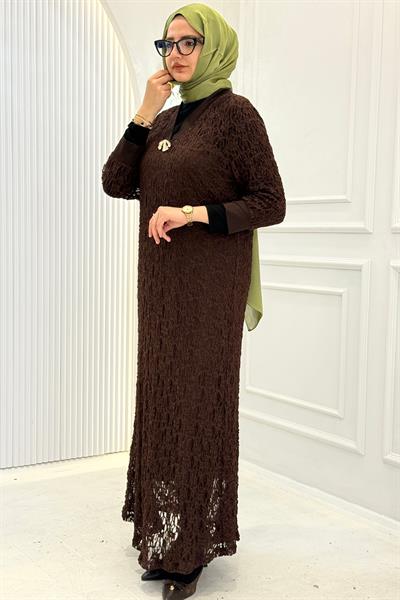 Büyük Beden Dantelli Uzun Elbise Kahve OTW6803-06