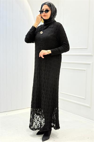 Büyük Beden Dantelli Uzun Elbise Siyah OTW6803