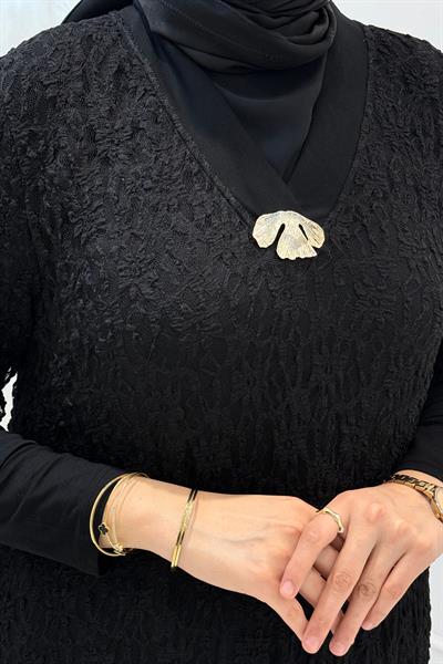 Büyük Beden Dantelli Uzun Elbise Siyah OTW6803