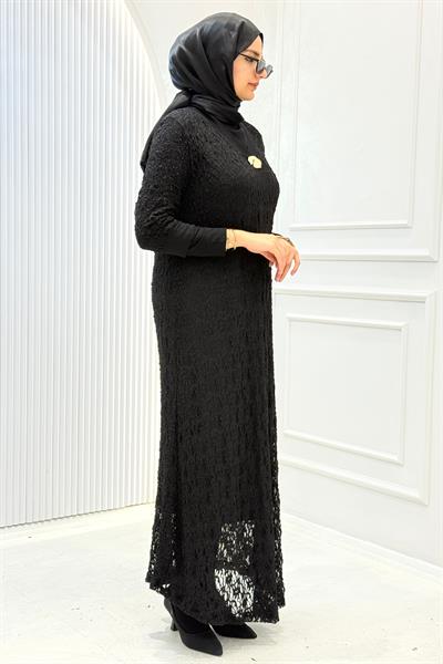 Büyük Beden Dantelli Uzun Elbise Siyah OTW6803