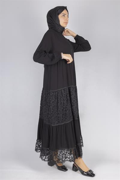 Büyük Beden Dantelli Viskon Elbise Siyah OTW480