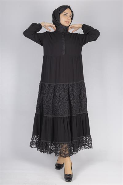 Büyük Beden Dantelli Viskon Elbise Siyah OTW480