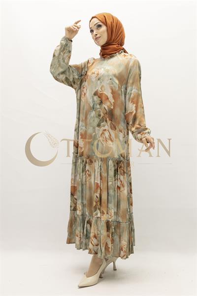 Büyük Beden  Desenli Cupra İpek Elbise Bej OTW5826