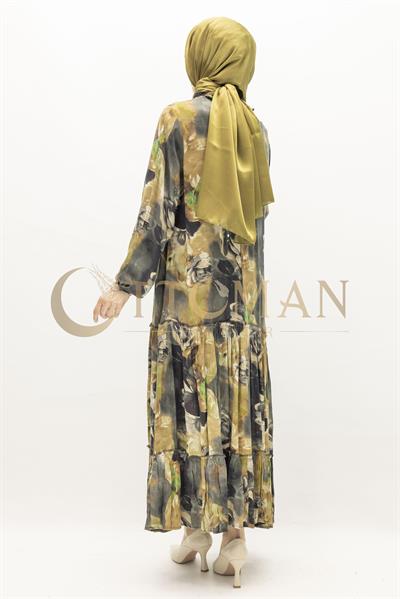 Büyük Beden  Desenli Cupra İpek Elbise Siyah OTW5826