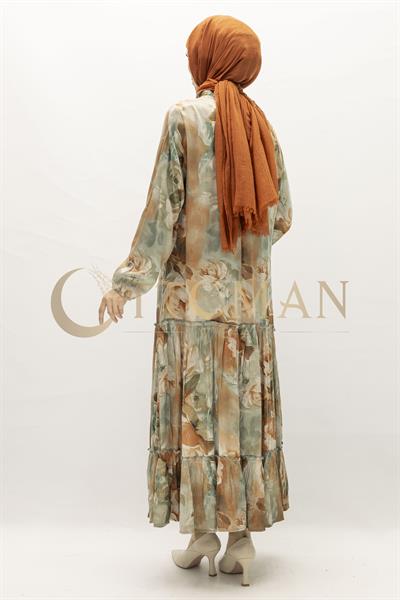 Büyük Beden  Desenli Cupra İpek Elbise Bej OTW5826