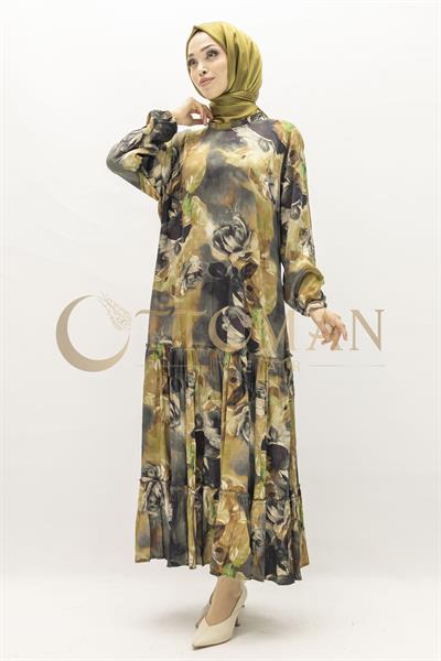 Büyük Beden  Desenli Cupra İpek Elbise Siyah OTW5826