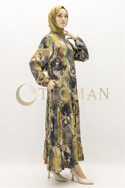 Büyük Beden  Desenli Cupra İpek Elbise Siyah OTW5826