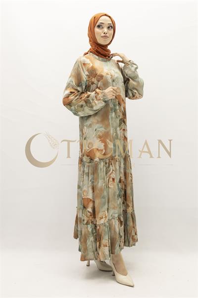 Büyük Beden  Desenli Cupra İpek Elbise Bej OTW5826