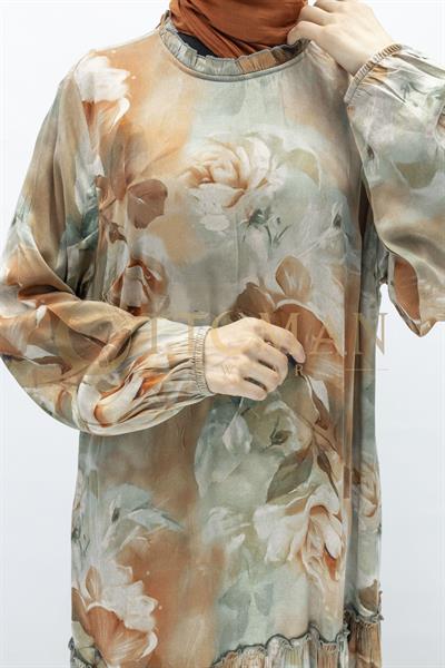 Büyük Beden  Desenli Cupra İpek Elbise Bej OTW5826