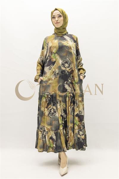 Büyük Beden  Desenli Cupra İpek Elbise Siyah OTW5826