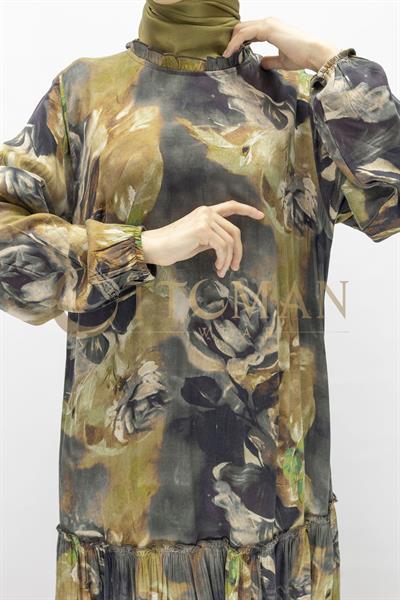 Büyük Beden  Desenli Cupra İpek Elbise Siyah OTW5826