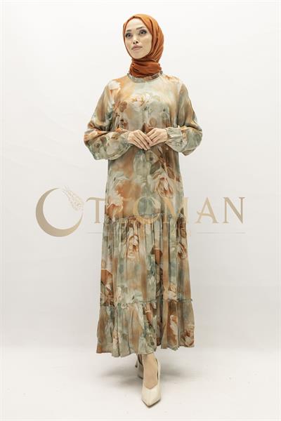 Büyük Beden  Desenli Cupra İpek Elbise Bej OTW5826