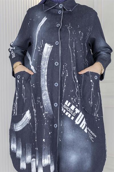 Büyük Beden Desenli Denim Gömlek Kot Mavi OTW9846